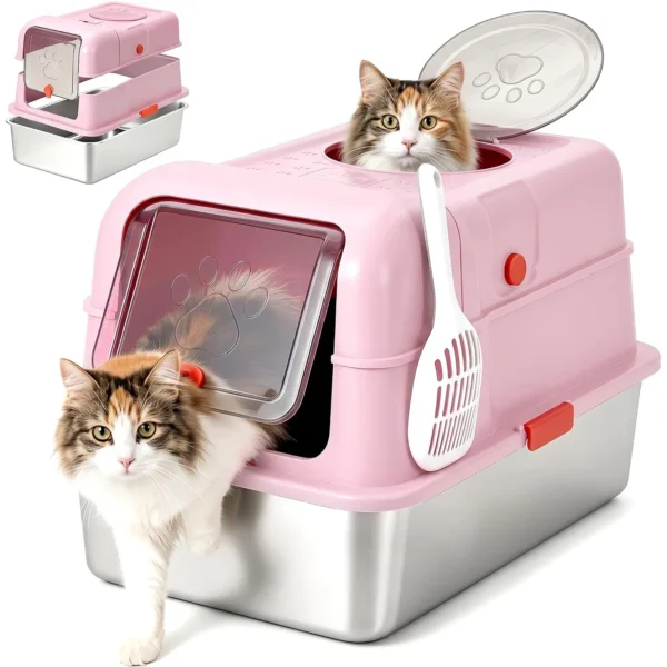 Enclosed Stainless Steel Cat Litter Box With Lid Front Entry And Top Exit