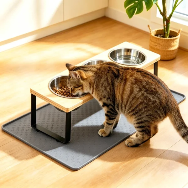 Elevated Cat Feeder With 3 Stainless Steel Bowls And 15 Degree Tilted Bamboo Stand