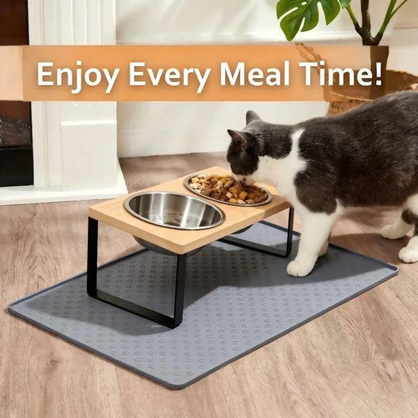 Raised Cat Bowls With 15 Degree Tilt And Wooden Stand 2 Stainless Steel Bowls