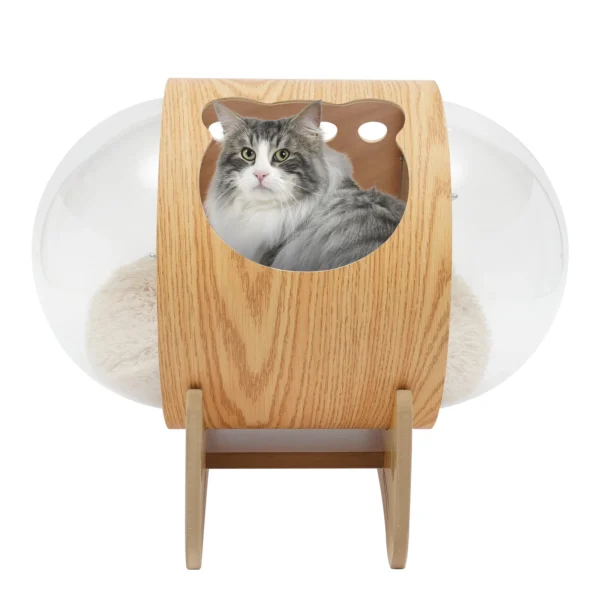 Modern Wooden Cat Bed Capsule House With Clear Window And Soft Cushion