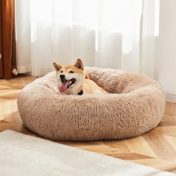 Calming Donut Dog Bed With Fluffy Faux Fur And Non Slip Bottom Washable