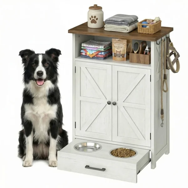 Dog Feeding Station Cabinet With Hidden Elevated Bowls And Pet Supply Storage