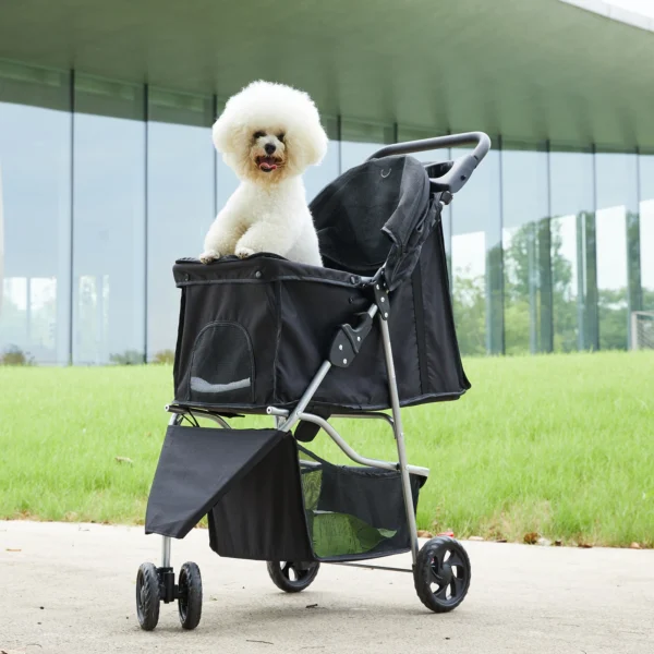 Foldable 3 Wheel Pet Stroller For Small Dogs And Cats With Storage Basket