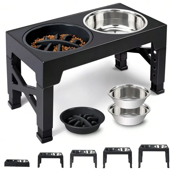 Adjustable Elevated Dog Bowl Stand With Slow Feeder And Stainless Steel Bowls