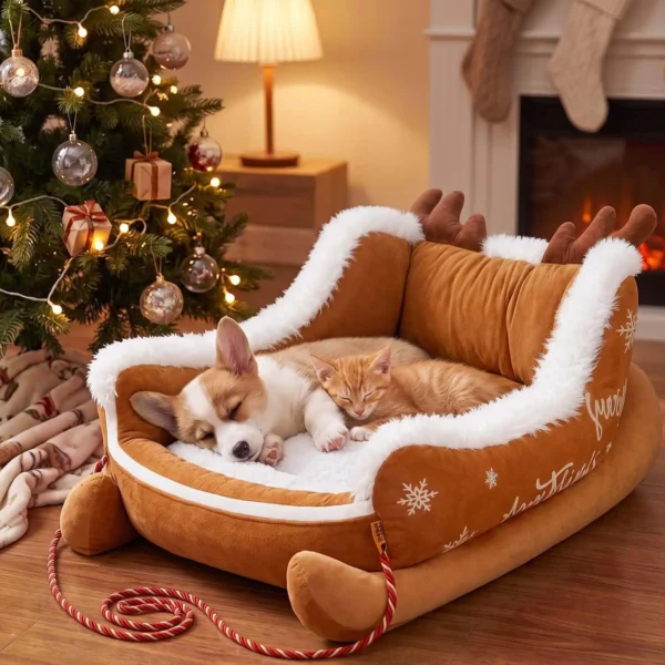 Christmas Sleigh Dog Bed With Raised Sides Soft Plush Calming Pet Sofa