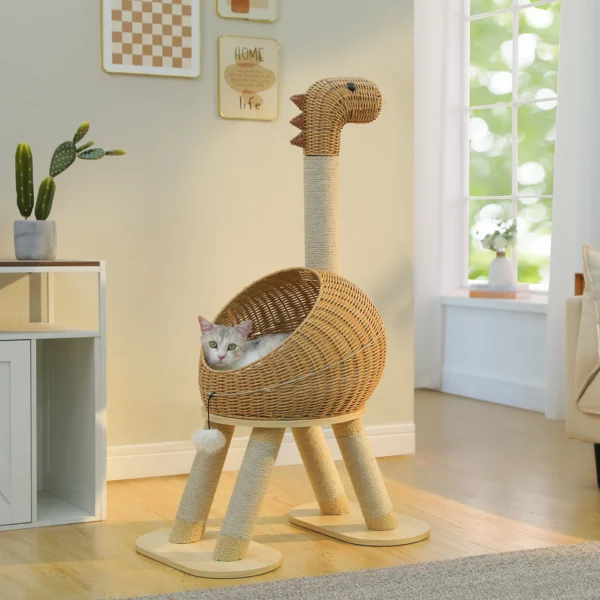 Dinosaur Cat Tree With Rattan Condo And Sisal Scratching Posts For Indoor Cats