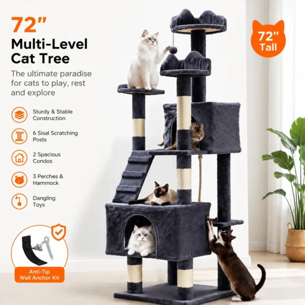 72 Inch Cat Tree For Large Cats With 6 Sisal Posts Condos And Hammock